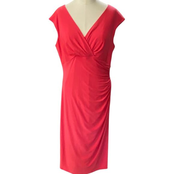 Ralph Lauren Red Ruched Wrap Midi Dress Size 8 - Picture 2 of 9